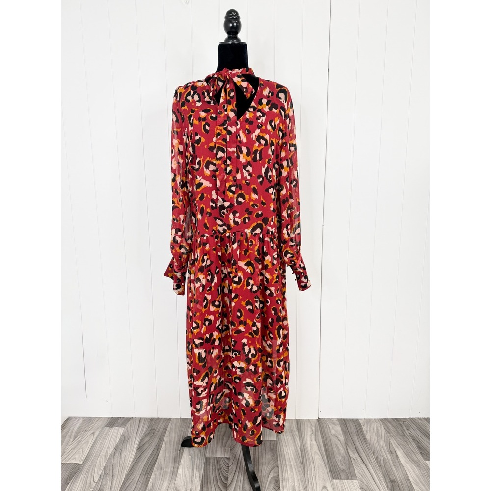River Island Print Tie Neck Long Dress NWT Women Size 10 Boho Chic Lined